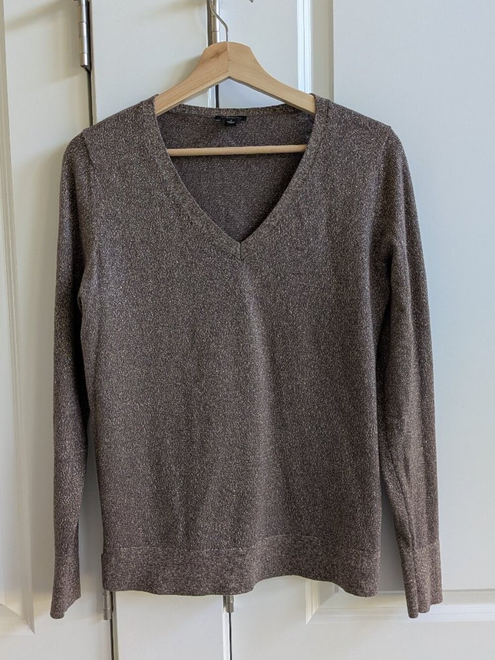 Ann Taylor Sweater Women M Taupe Gold Metallic Knit Glam Shimmer Sparkle V Neck